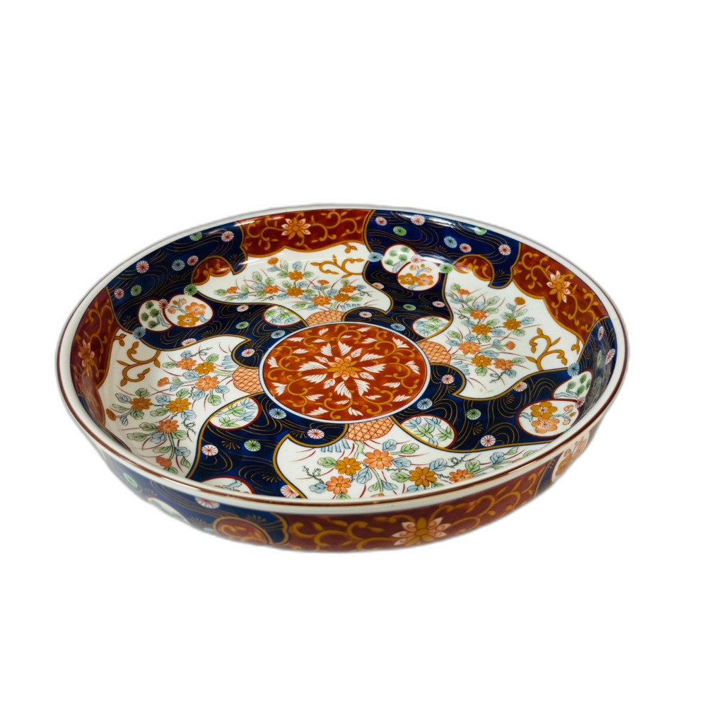 OMC Japan Hand Painted Shallow Bowl Blue Red White